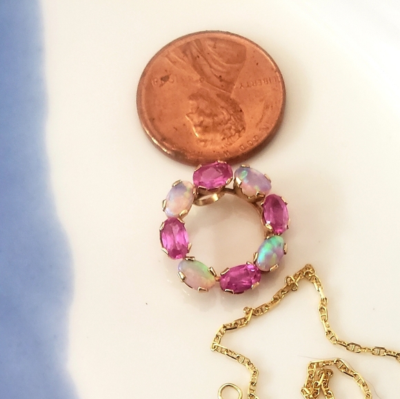 Opal Pink Gemstone 10k pendant 14k Necklace - Picture 3 of 4